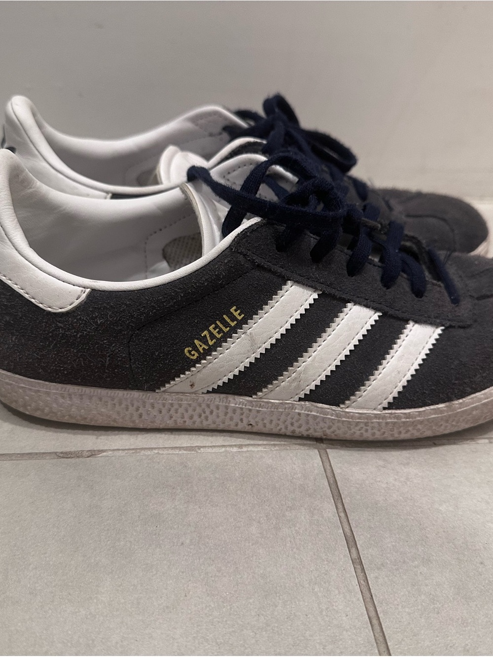 adidas Gazelle Suede Sneakers in Dark Gray with White Stripes and Navy Laces